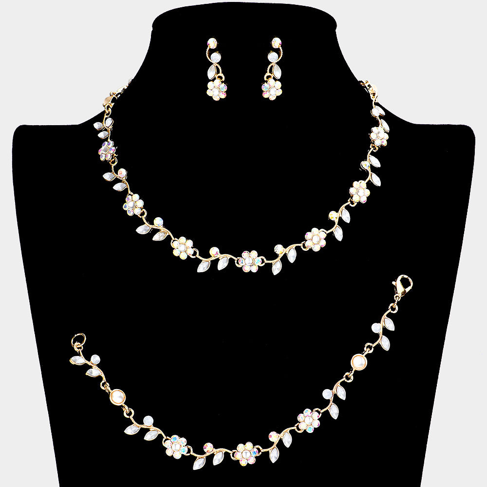 3 Piece AB Flower Rhinestone Jewelry Set on Gold | Homecoming Jewelry 