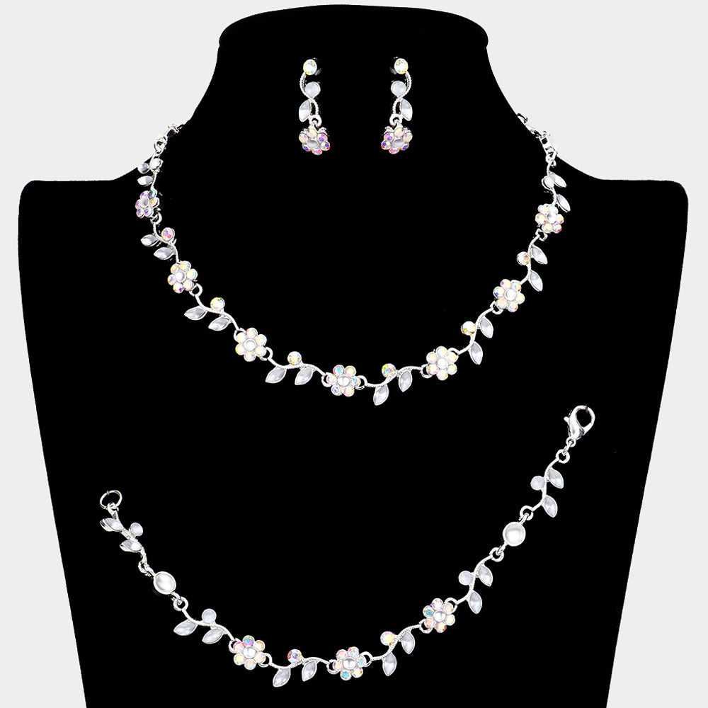 3 Piece AB Flower Rhinestone Jewelry Set | Homecoming Jewelry
