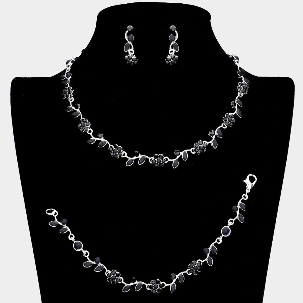 3 Piece Black Flower Rhinestone Jewelry Set | Homecoming Jewelry