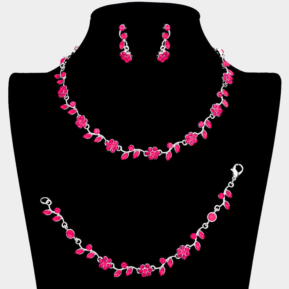 3 Piece Fuchsia Flower Rhinestone Jewelry Set | Homecoming Jewelry