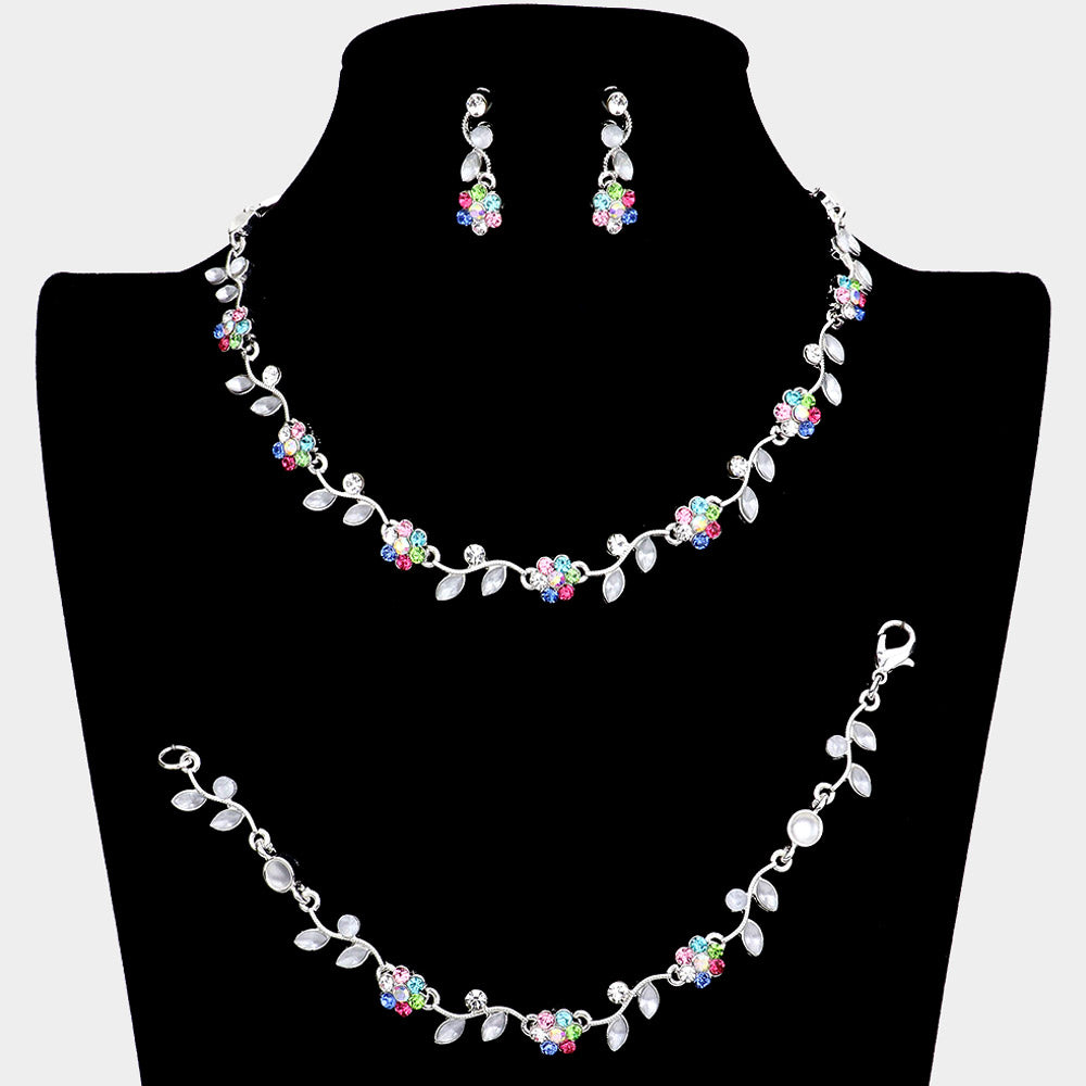 3 Piece Multi-Color Flower Rhinestone Jewelry Set | Homecoming Jewelry | 63854