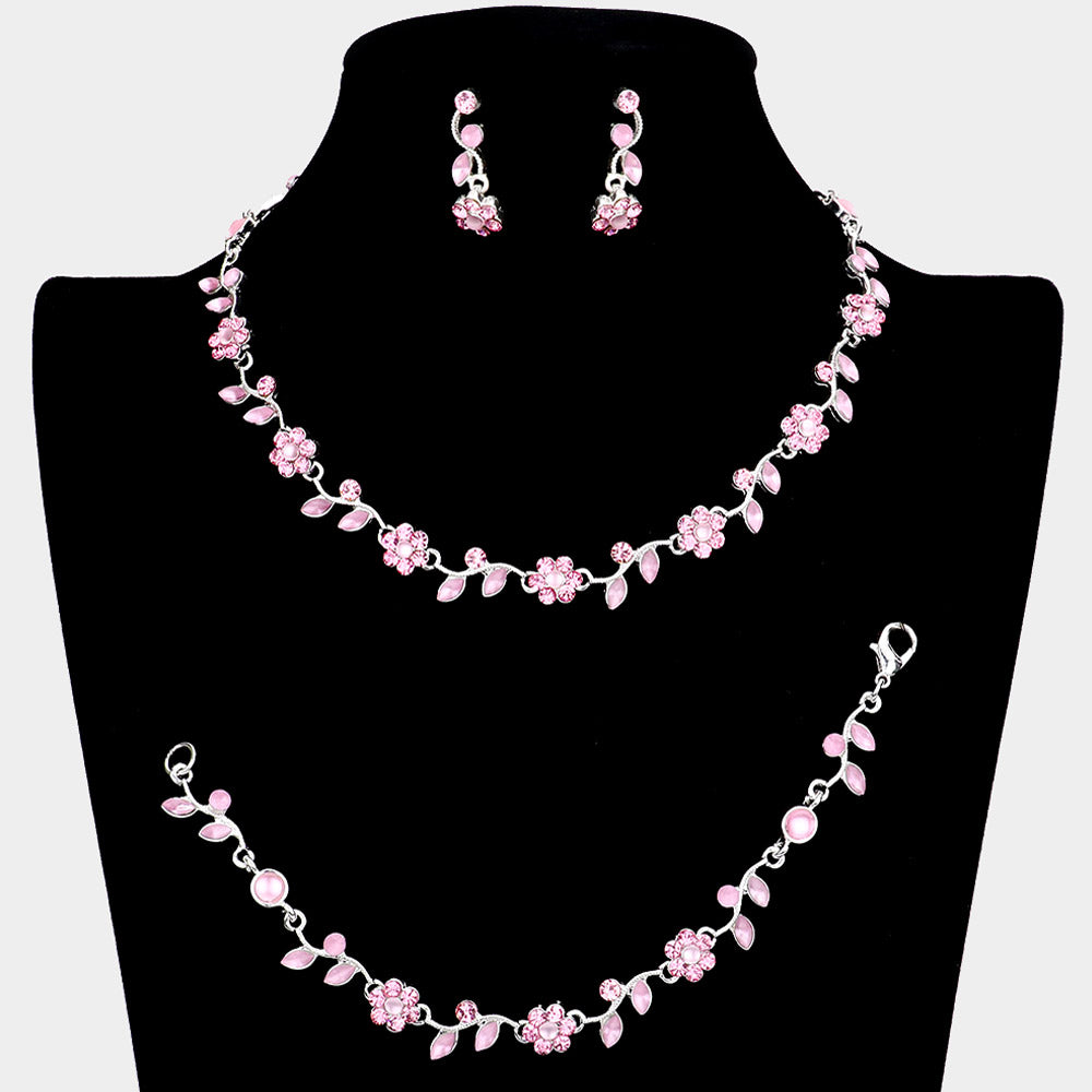 3 Piece Pink Flower Rhinestone Jewelry Set | Homecoming Jewelry 