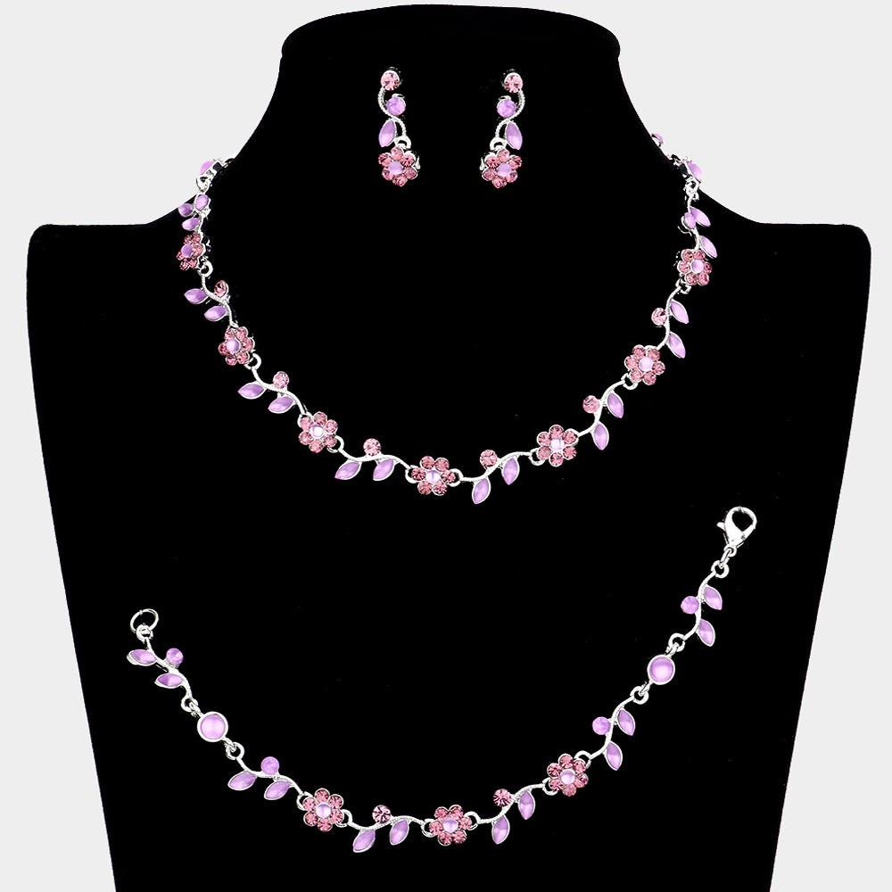 3 Piece Purple Flower Rhinestone Jewelry Set | Homecoming Jewelry