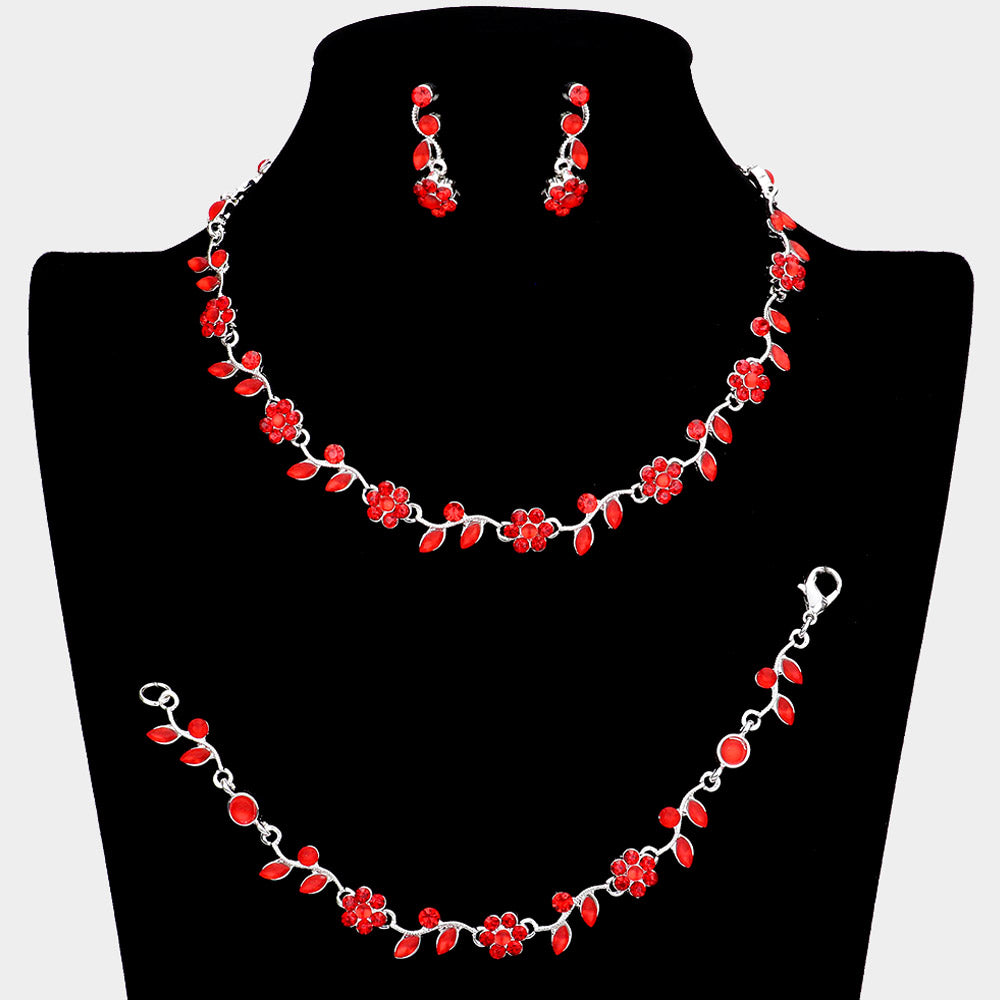 3 Piece Red Flower Rhinestone Jewelry Set | Homecoming Jewelry 