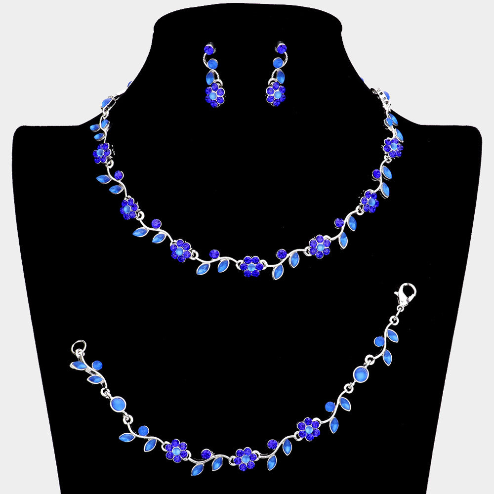 3 Piece Sapphire Flower Rhinestone Jewelry Set | Homecoming Jewelry