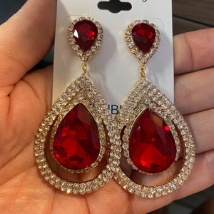 Large Red Crystal Teardrop Pageant Earrings on Gold | Prom Earrings
