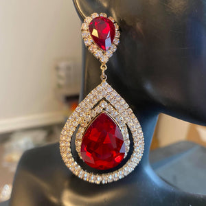 Large Red Crystal Teardrop Pageant Earrings on Gold |  Prom Earrings | GE2094GDRD