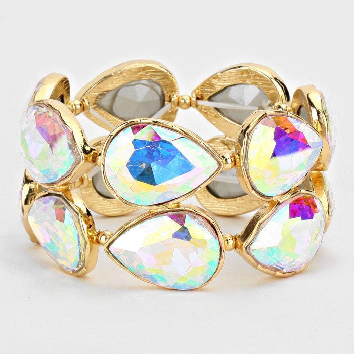 AB Crystal Teardrop Stretch Bracelet on Gold