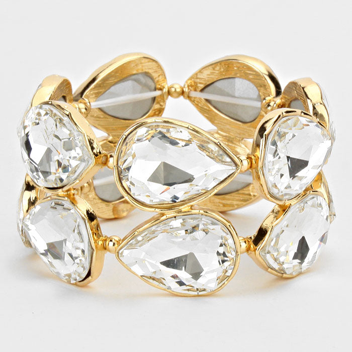 Clear Crystal Teardrop Stretch Bracelet on Gold | 270836