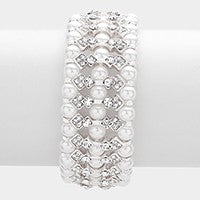 Multi-row crystal White Pearl Bridal Stretch Bracelet