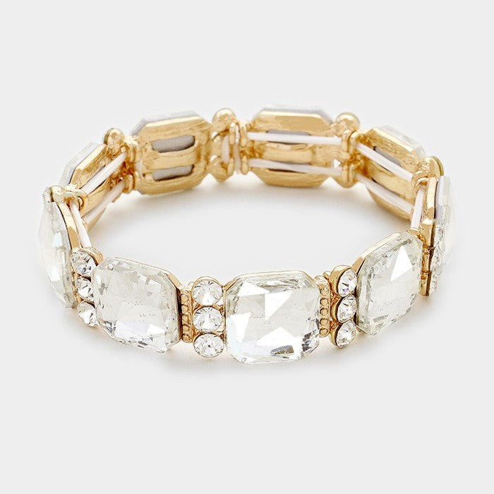 Clear Emerald Cut Stretch Bracelet on Gold