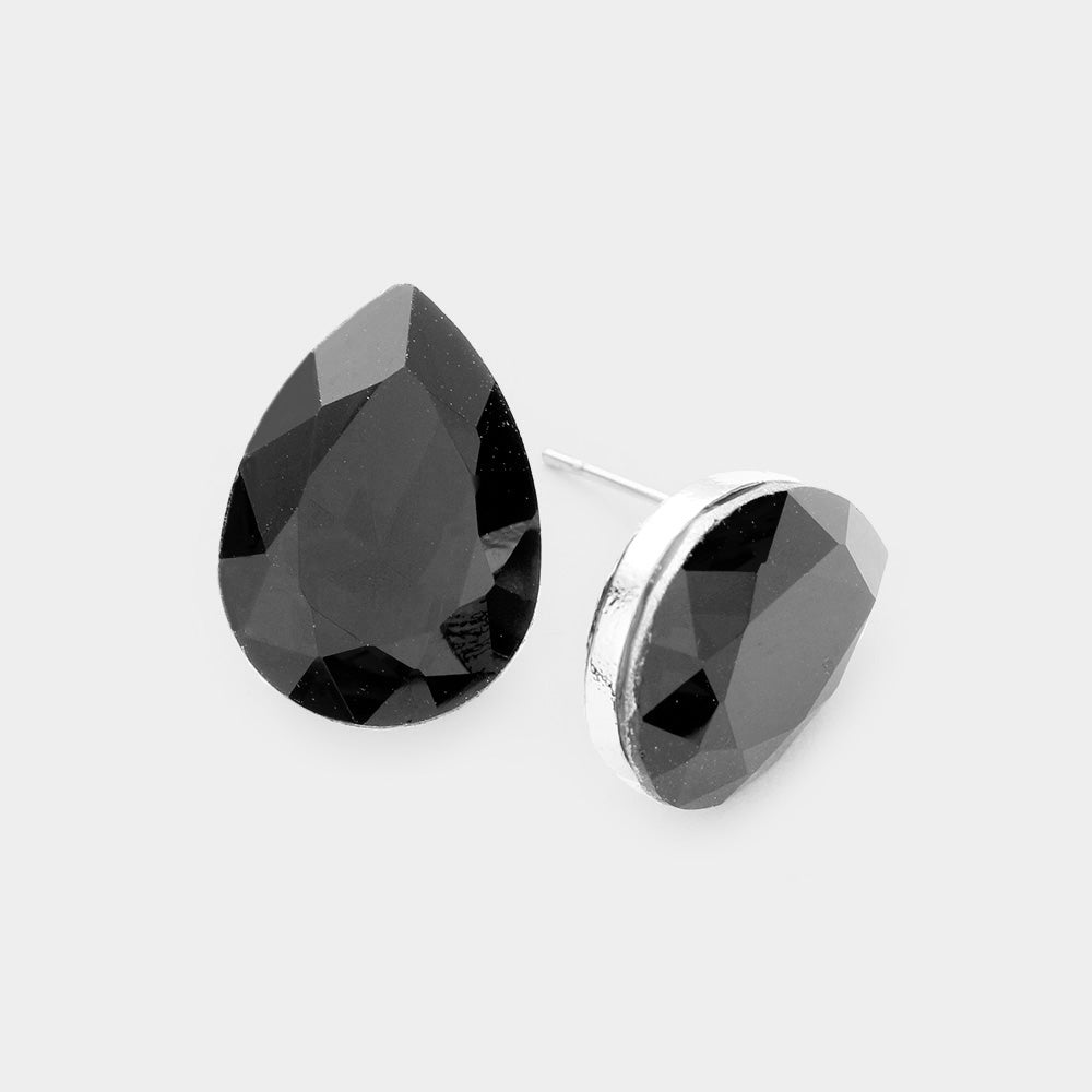 Small Black Glass Crystal Teardrop Stud Earrings