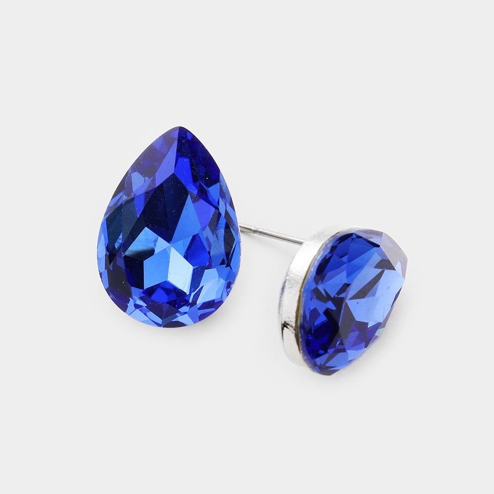 Small Blue Glass Crystal Teardrop Stud Earrings