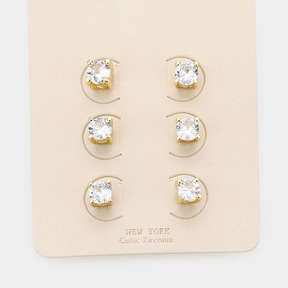 Clear Round Stone Stud Earrings on Gold - 3 pairs | 0.2"