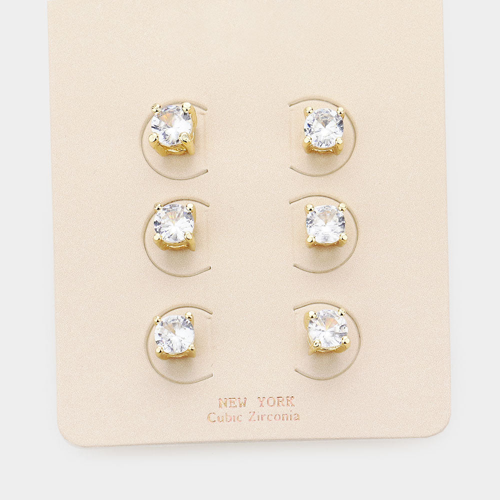 Clear Round Stone Stud Earrings on Gold - 3 Pairs | 0.2 | L&M Bling