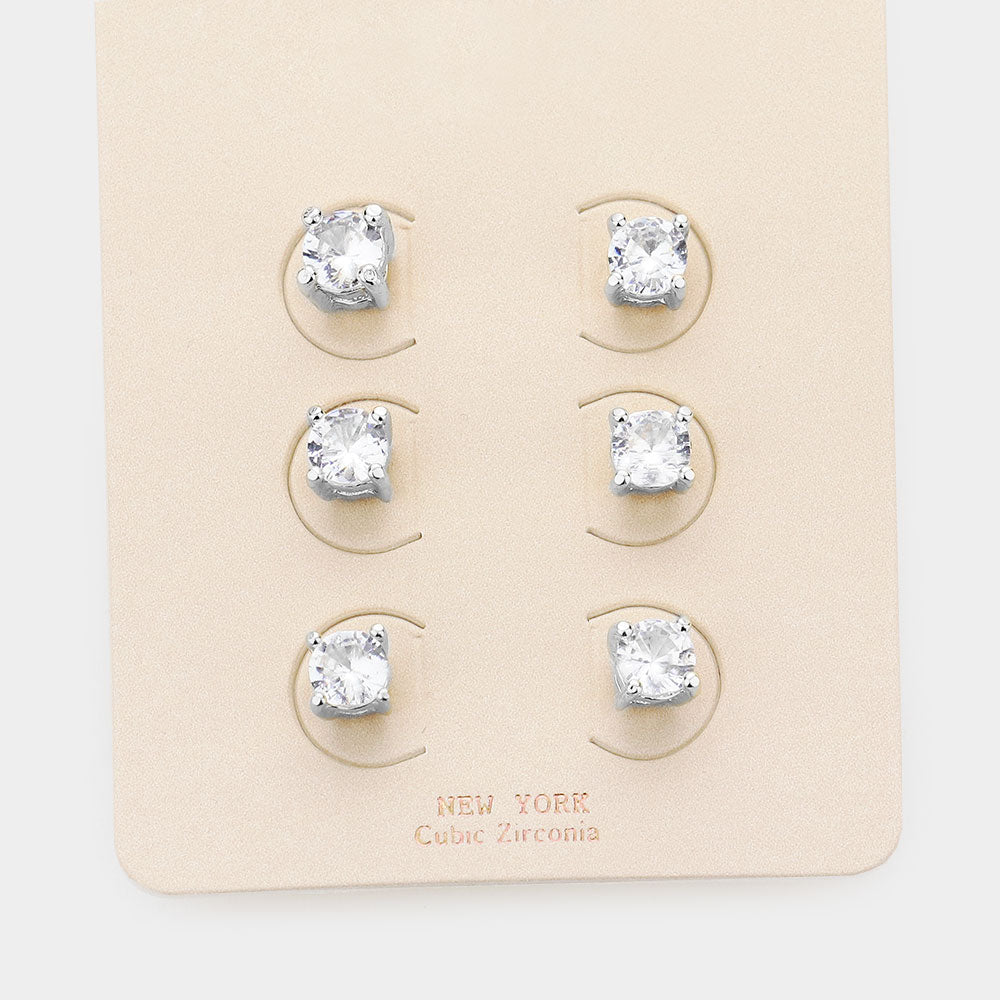 Clear Round Stone Stud Earrings on Silver - 3 pairs | 0.2"