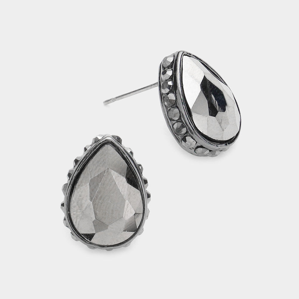 Hematite Rhinestone Trimmed Teardrop Stone Pageant Stud Earrings | Interview Earrings