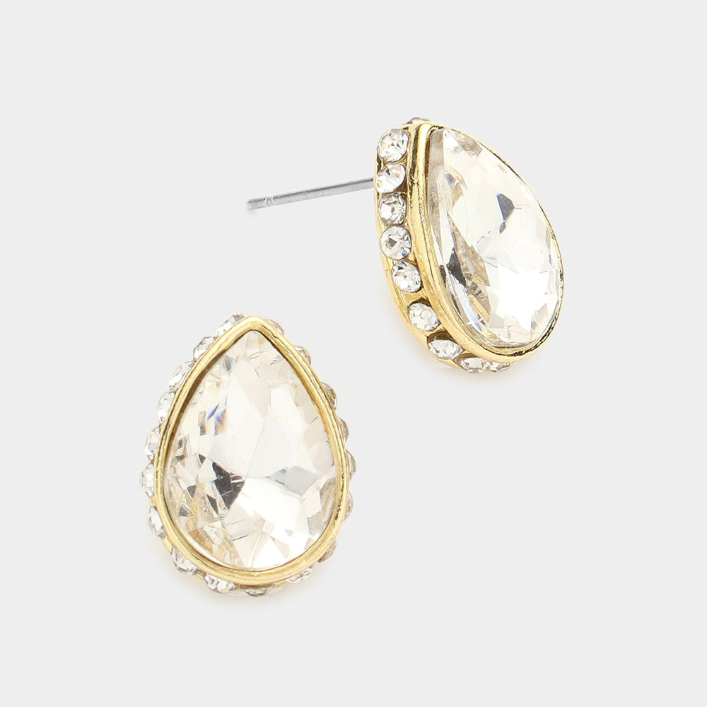 Clear Rhinestone Trimmed Teardrop Stone Pageant Stud Earrings on Gold | Interview Earrings