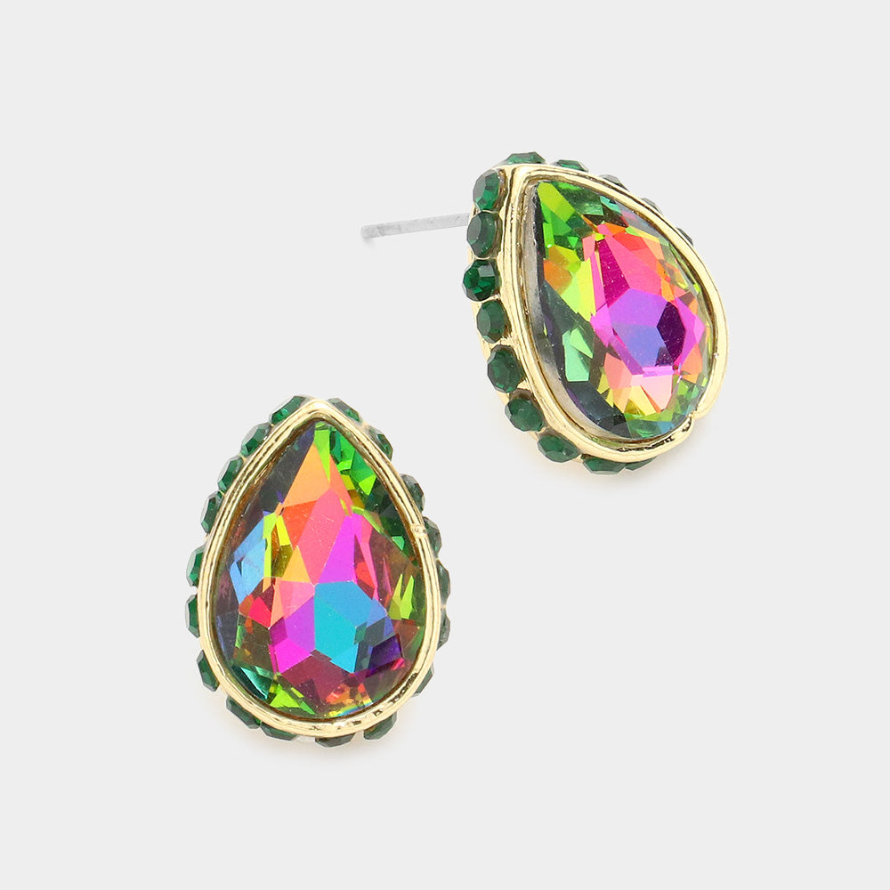Multi-Color Rhinestone Trimmed Teardrop Stone Pageant Stud Earrings  | Interview Earrings