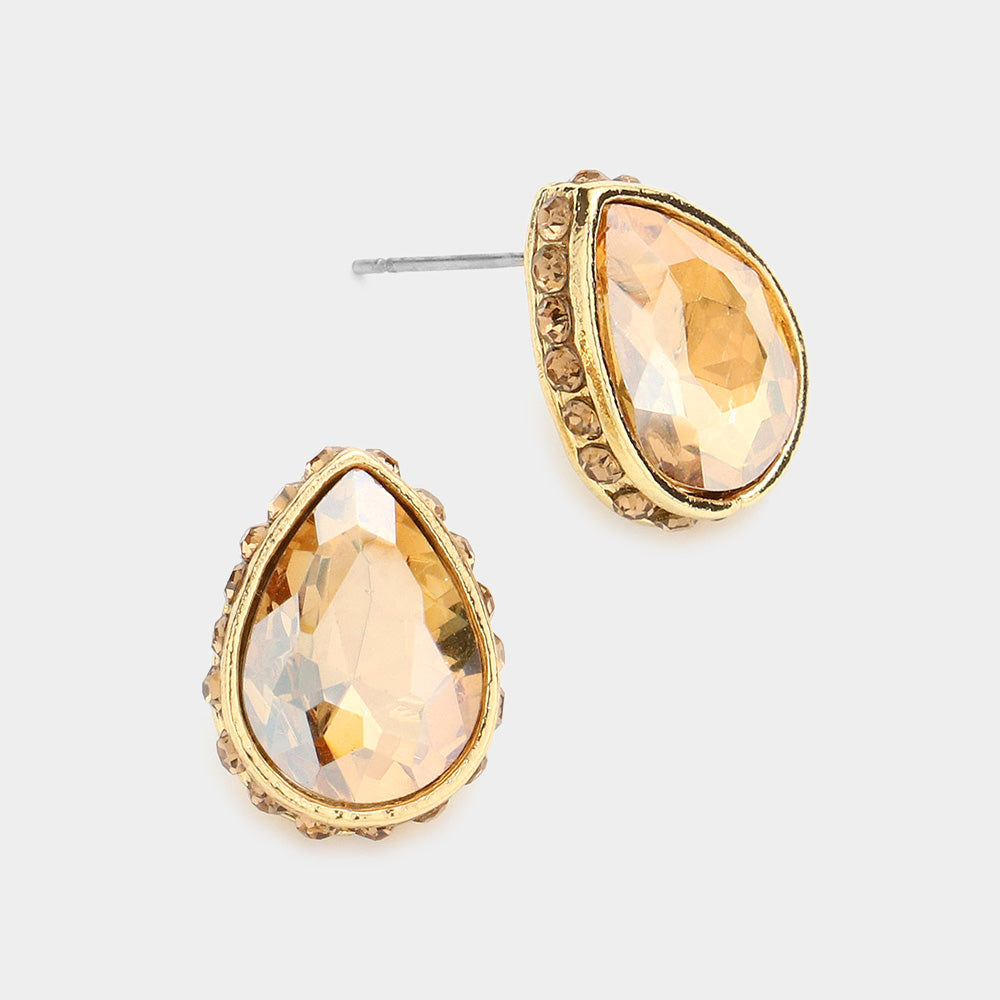 Light Topaz Rhinestone Trimmed Teardrop Stone Pageant Stud Earrings  | Interview Earrings