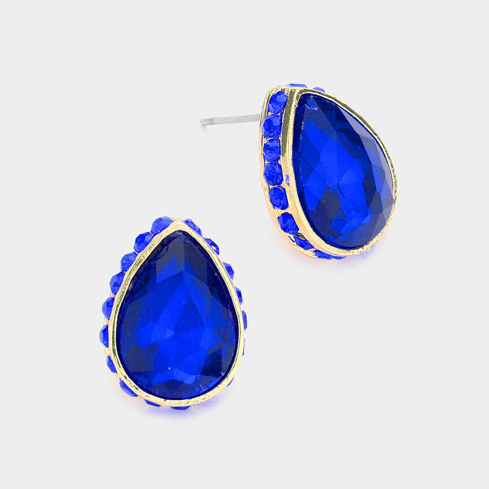 Sapphire Rhinestone Trimmed Teardrop Stone Pageant Stud Earrings  | Interview Earrings