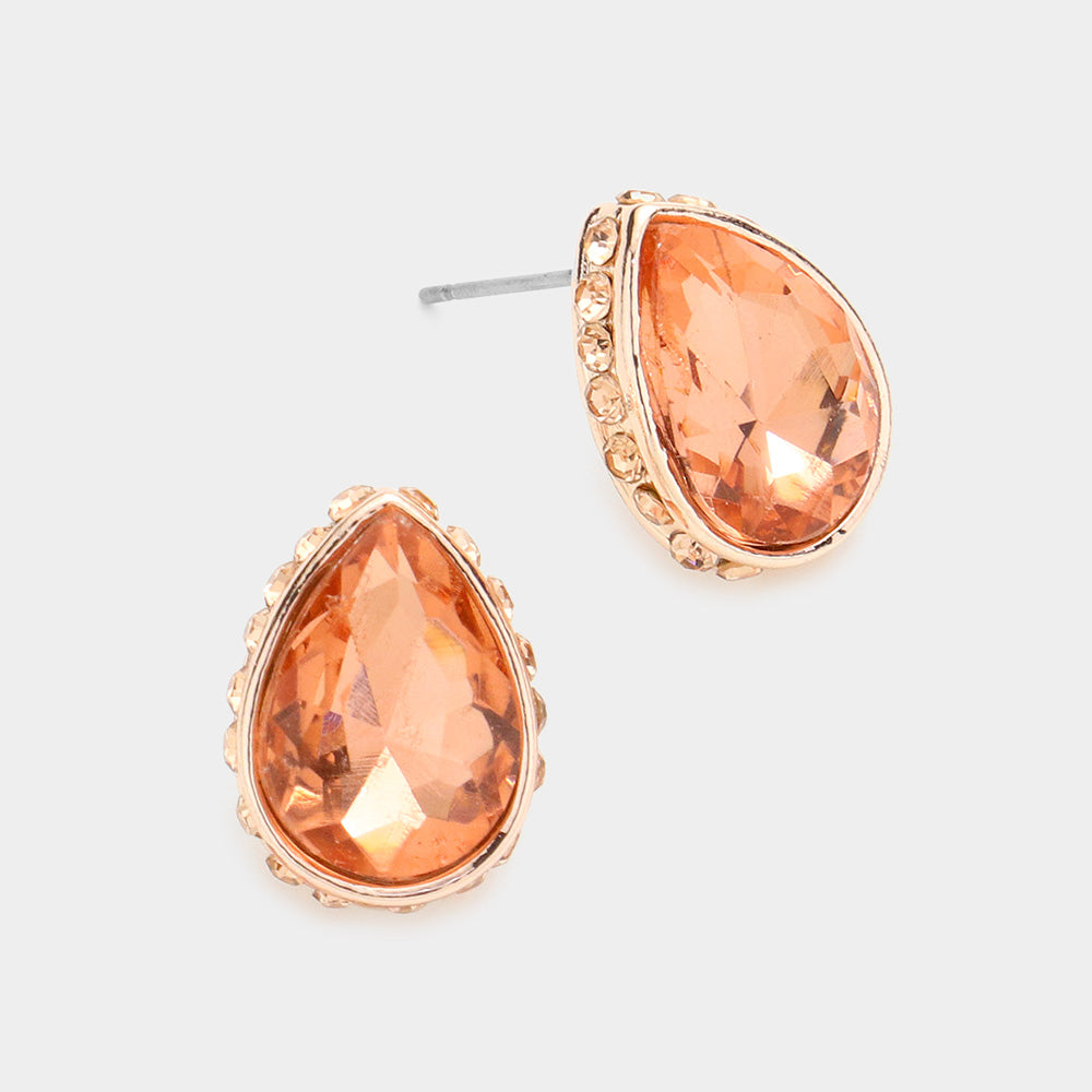 Peach Rhinestone Trimmed Teardrop Stone Pageant Stud Earrings  | Interview Earrings