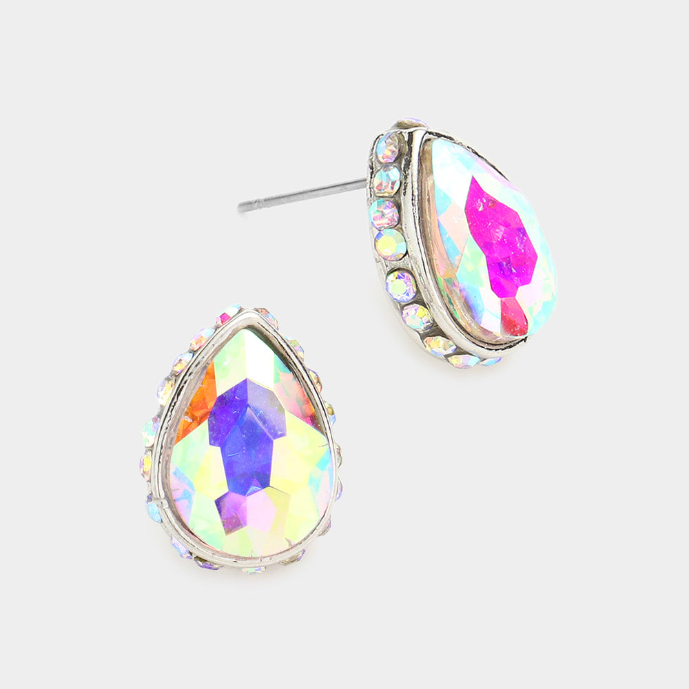 AB Rhinestone Trimmed Teardrop Stone Pageant Stud Earrings  | Interview Earrings