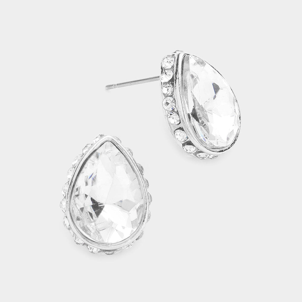 Clear Rhinestone Trimmed Teardrop Stone Pageant Stud Earrings  | Interview Earrings