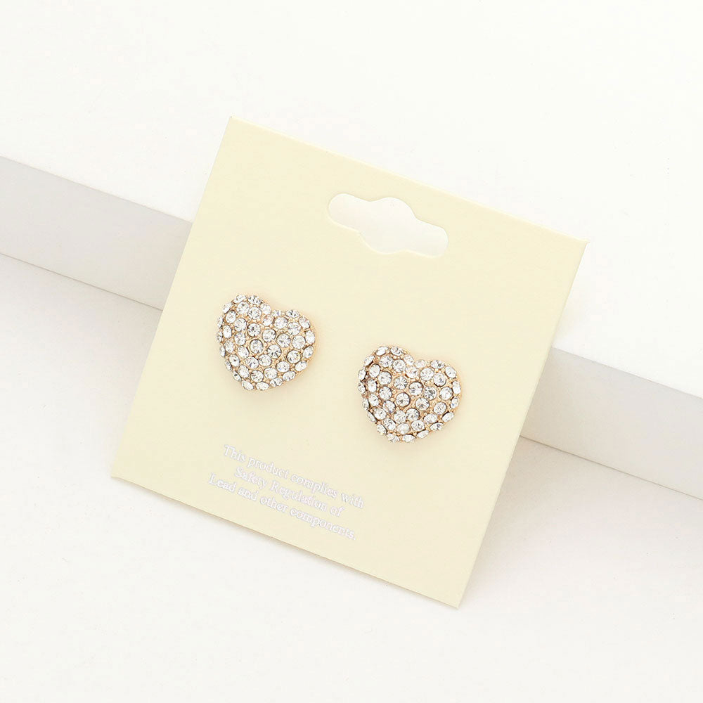 Clear Crystal Pave Heart Stud Pageant Earrings on Gold | Small Stud Earrings for Little Girls