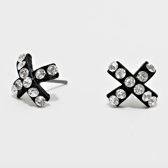 Clear Crystal Pave X-Shaped Stud Earrings on Black