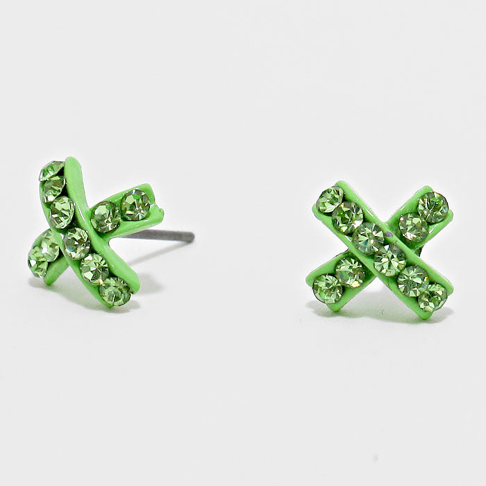 Green Crystal Pave X-Shaped Stud Earrings