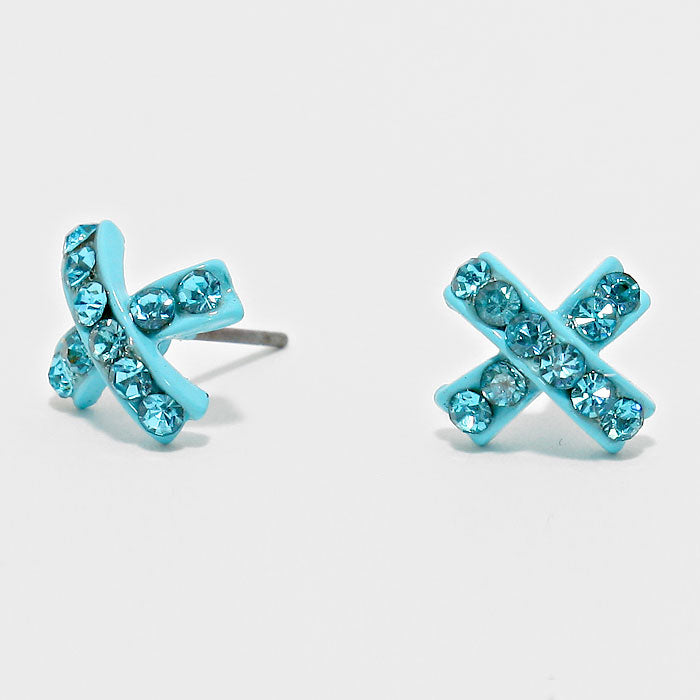 Aqua Crystal Pave X-Shaped Stud Earrings
