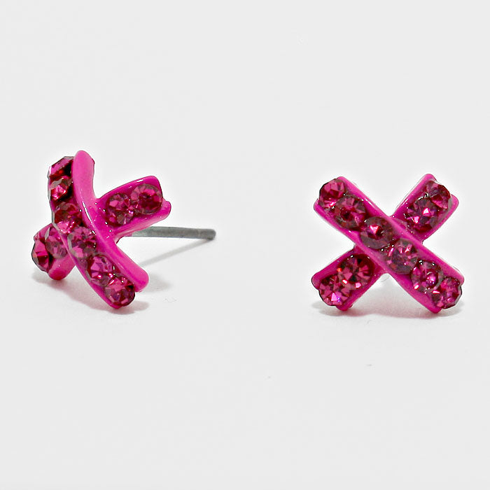 Fuchsia Crystal Pave X-Shaped Stud Earrings