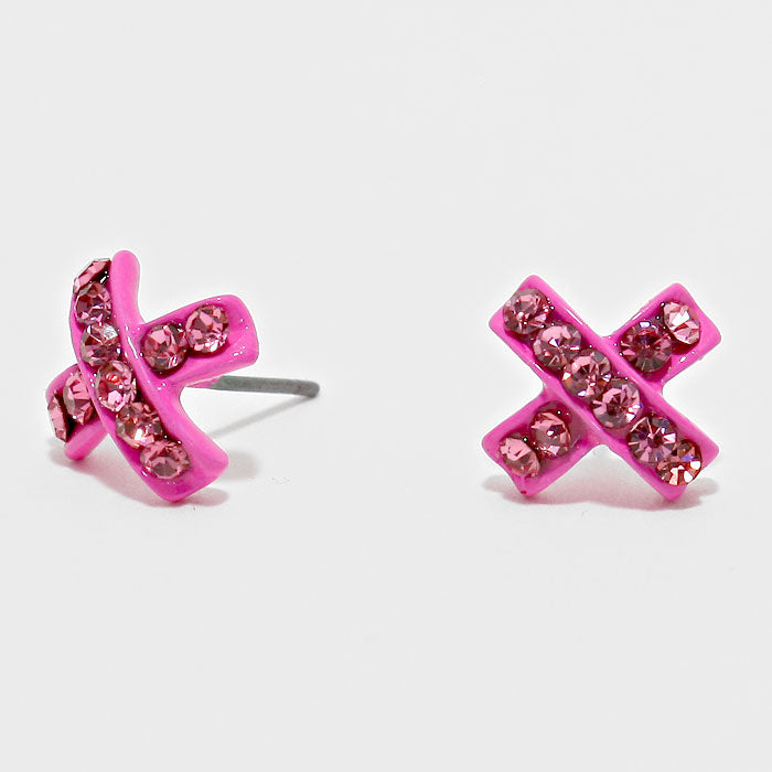 Pink Crystal Pave X-Shaped Stud Earrings