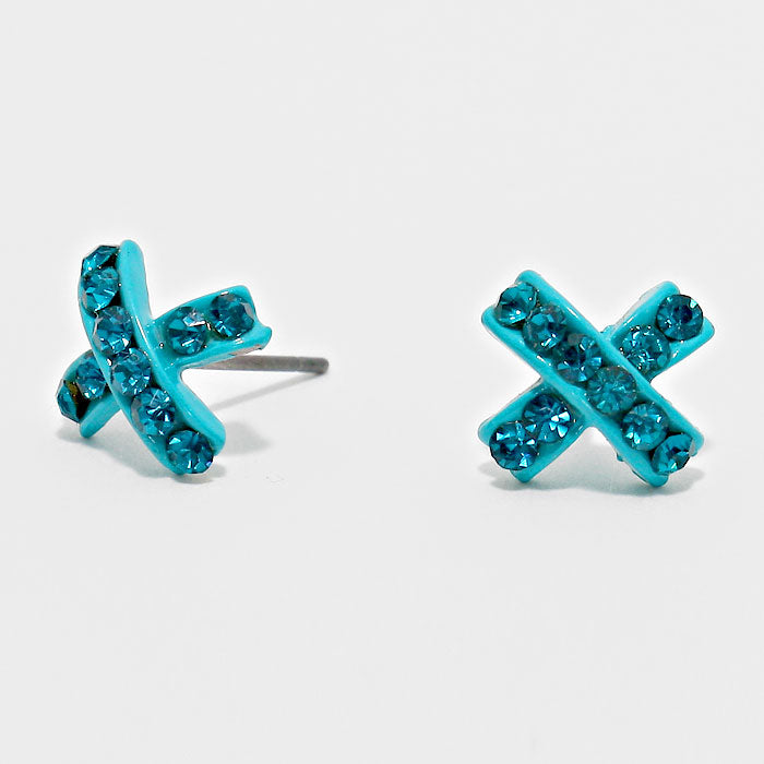 Teal Crystal Pave X-Shaped Stud Earrings