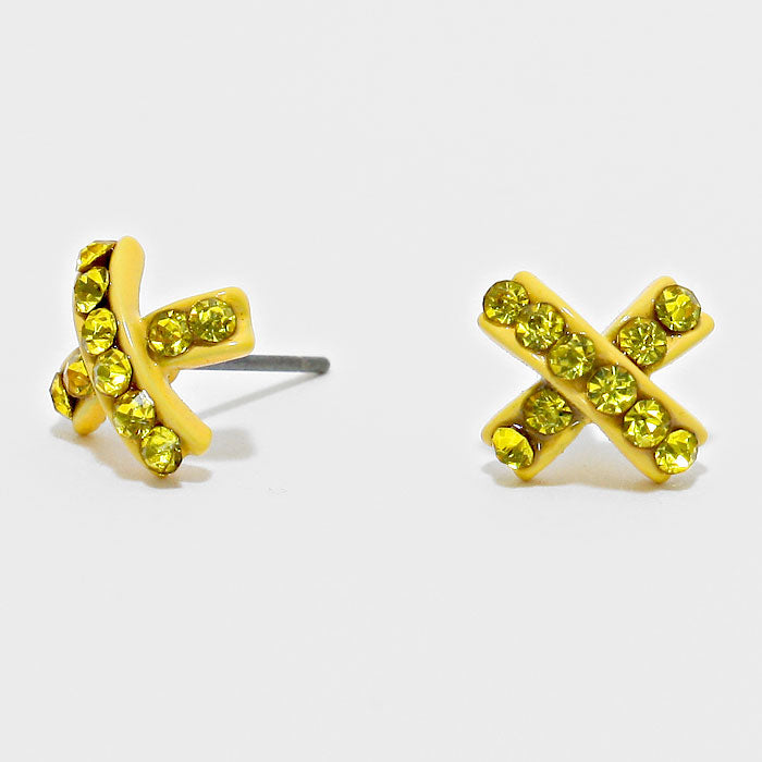 Yellow Crystal X-Shaped Stud Earrings
