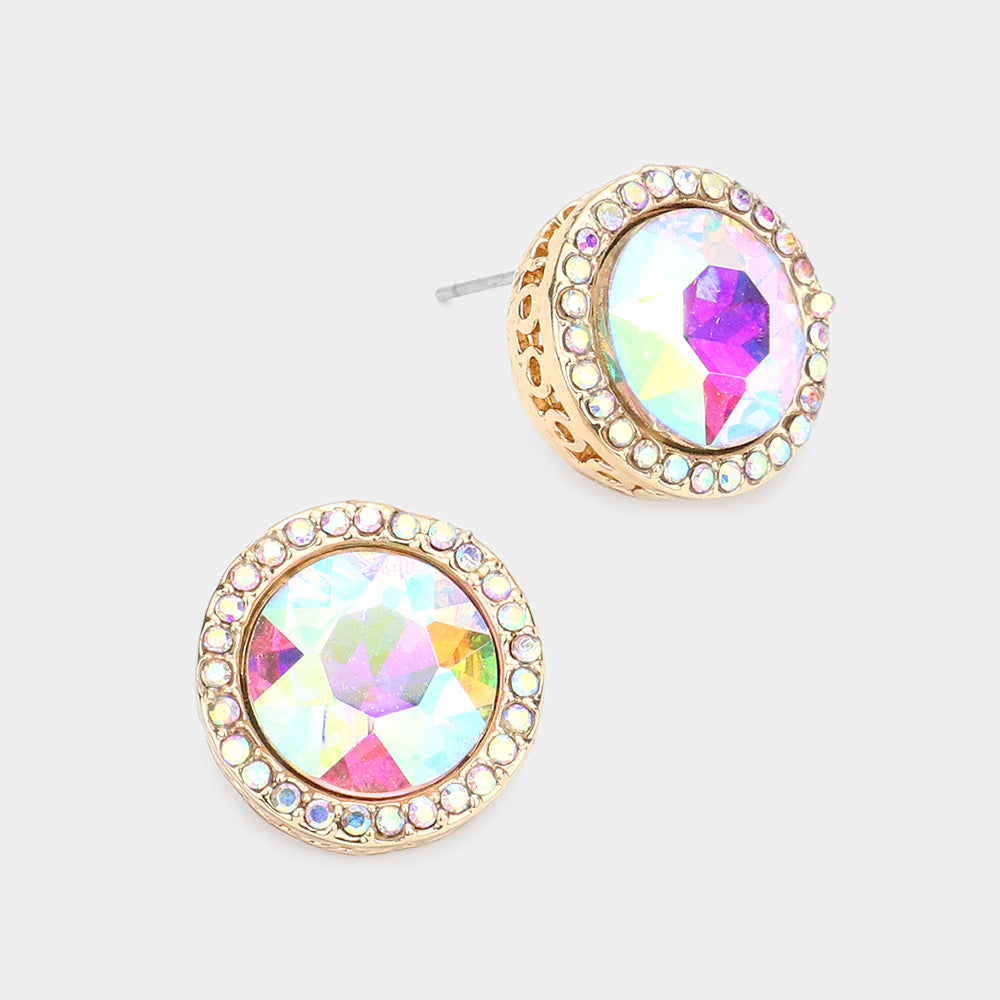 Rhinestone Trimmed Round AB Crystal Stone Stud Pageant Earrings on Gold   \ Interview Earrings