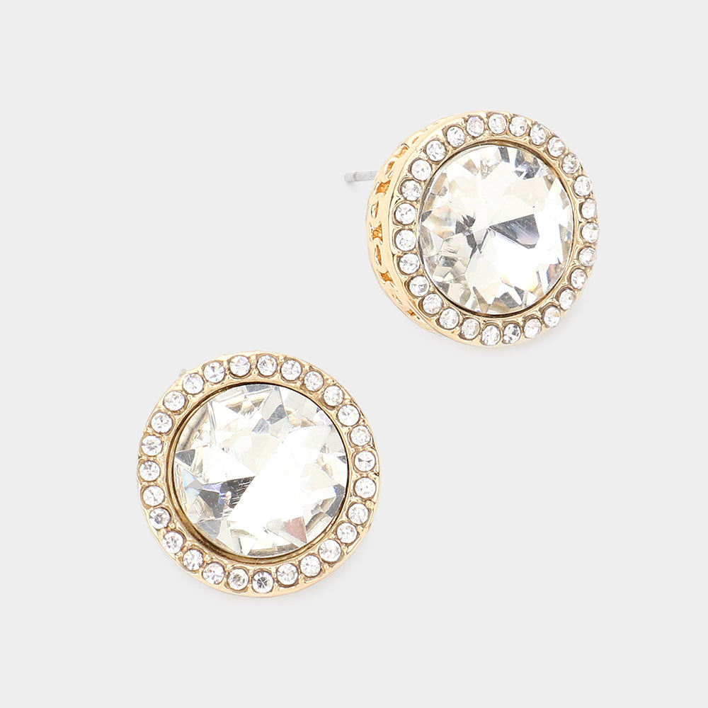 Rhinestone Trimmed Round Clear Crystal Stone Stud Pageant Earrings on Gold  \ Interview Earrings