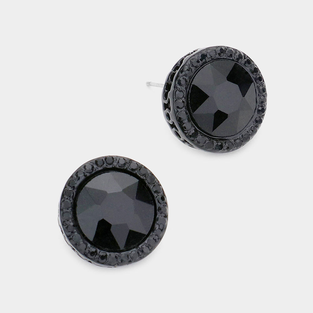 Rhinestone Trimmed Round Jet Black Crystal Stone Stud Pageant Earrings   \ Interview Earrings