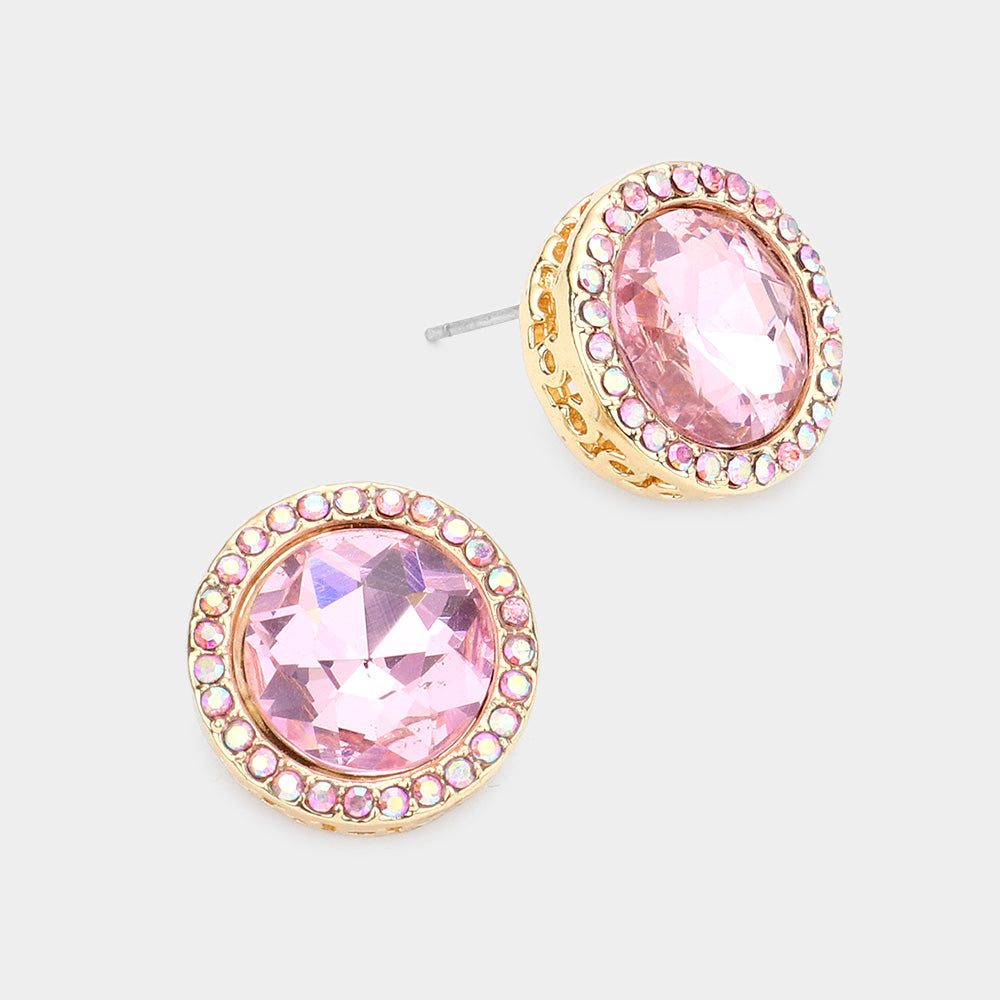 Rhinestone Trimmed Round Pink Crystal Stone Stud Pageant Earrings   \ Interview Earrings