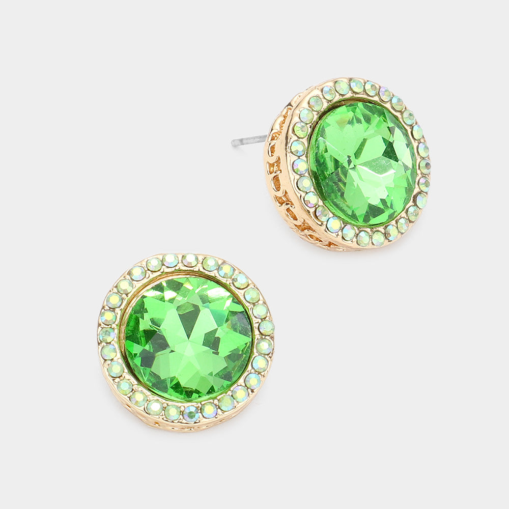 Rhinestone Trimmed Round Peridot Crystal Stone Stud Pageant Earrings   \ Interview Earrings