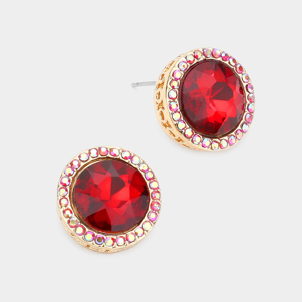 Rhinestone Trimmed Round Red Crystal Stone Stud Pageant Earrings   \ Interview Earrings