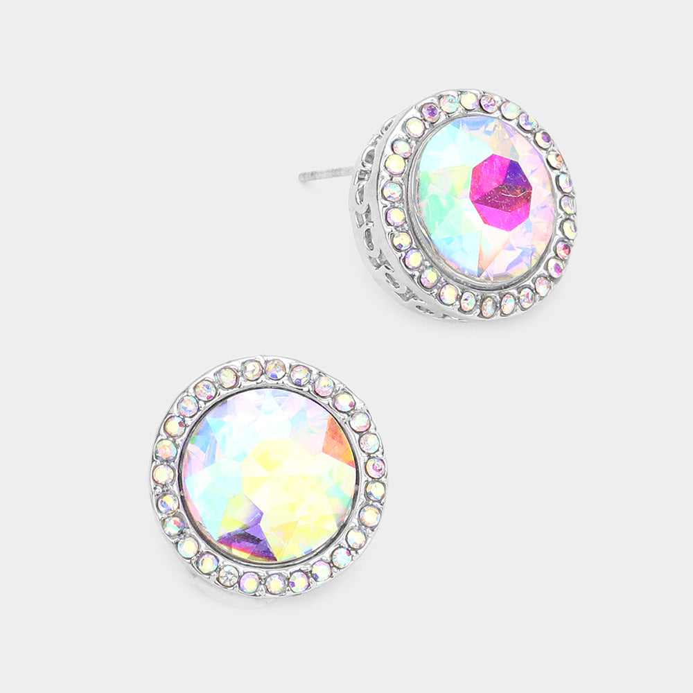 Rhinestone Trimmed Round AB Crystal Stone Stud Pageant Earrings   \ Interview Earrings