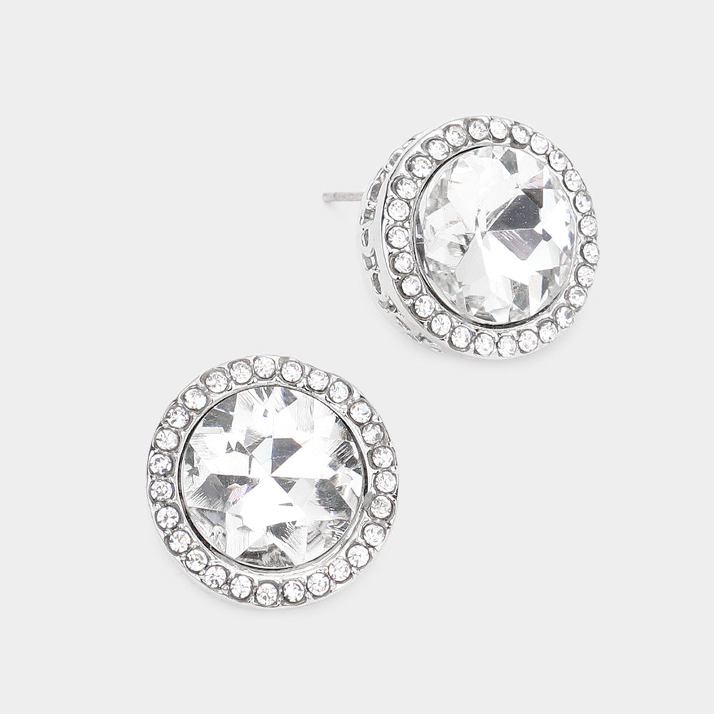 Rhinestone Trimmed Round Clear Crystal Stone Stud Pageant Earrings   \ Interview Earrings