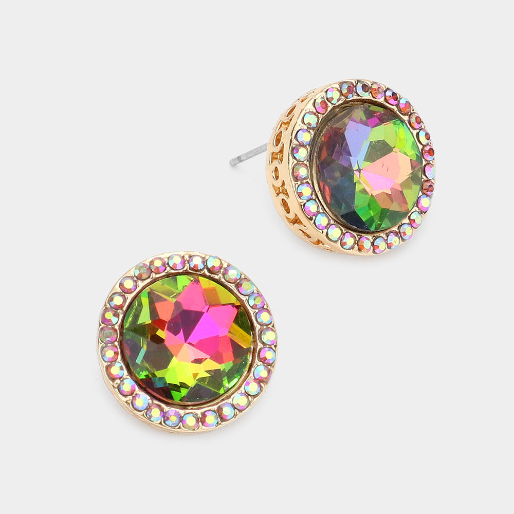 Rhinestone Trimmed Round Multi-Color Crystal Stone Stud Pageant Earrings   \ Interview Earrings