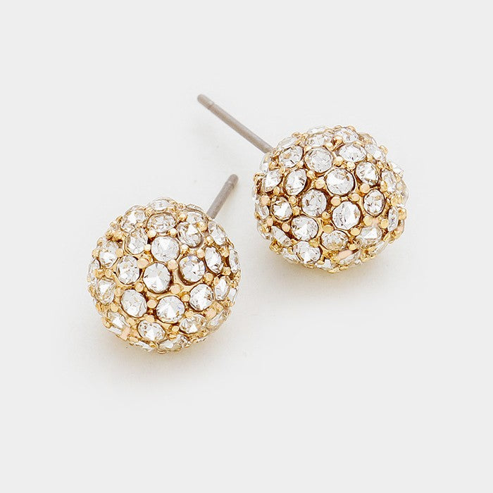 Little Girls Clear Crystal Disco Ball Stud Earrings on Gold