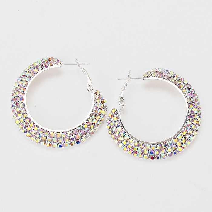 Small AB on Silver Crystal Hoop Earrings on Silver| 1.75"