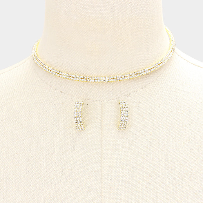 Two Row Clear Crystal Rhinestone Choker with Earrings on Gold