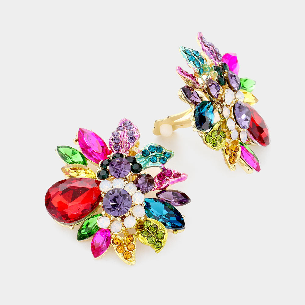 Floral Multi Stone Multi-Color Crystal Clip On Pageant Earrings | Interview Earrings