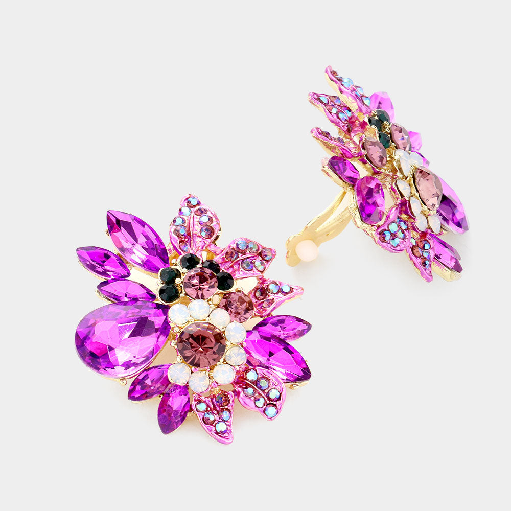 Floral Multi Stone Purple Crystal Clip On Pageant Earrings | Interview Earrings